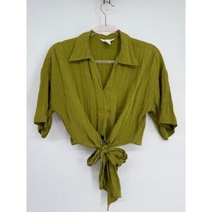 H&M Olive Green Textured Tie Front Collared Crop Shirt‎ XS